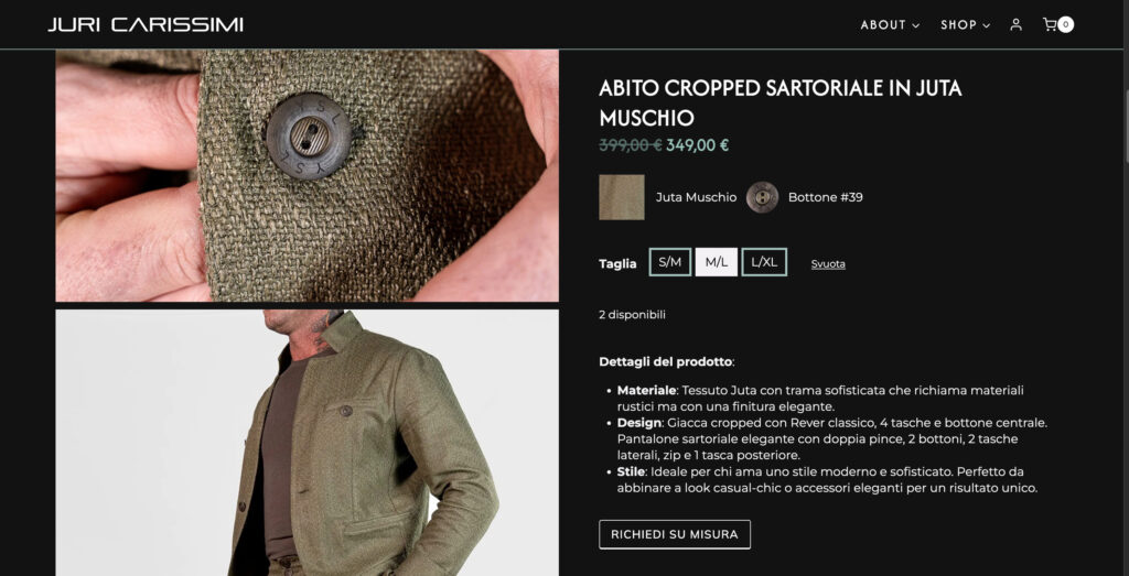 sviluppo e commerce a bergamo juri carissimi abbigliamento sartoriale pagina prodotto